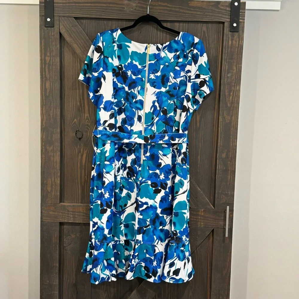 Calvin‎ Klein Women’s Short Sleeve Belted Blue Floral  Ruffle Hem Dress 20W NEW